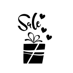Vector illustration, sale hand drawn lettering with black gift box silhouette. Applicable for promotion banners, flyers, broсhures, signboards.
