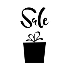 Vector illustration, sale hand drawn lettering with black gift box silhouette. Applicable for promotion banners, flyers, broсhures, signboards.