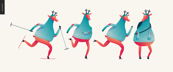 Sporting Santa deer set - modern flat vector concept illustration of cheerful Santa deer wearing a sweater skiing, skating and standing