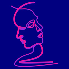 Abstract faces in line. In neon style
