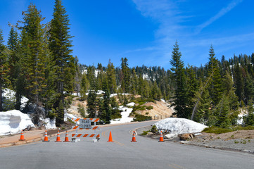 "Road Closed" sign with orange traffic cones blocking the road off