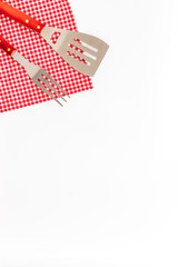 Fork, spatula for barbecue and grill on white background top view copyspace