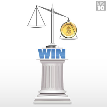 A Heavy Gold Coin On The Justice Scale To Represent Expensive Court Litigation And To Win By Tipping The Balance Of Justice.