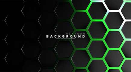 Abstract black hexagon pattern on green neon background technology style. Honeycomb. Vector illustration