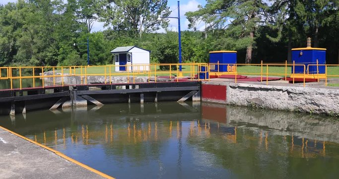 Erie Canal New York Palmyra control and 29 Lock gates. Pioneer engineering wonder. 363 miles long man made waterway built in 1817. Transport of cargo from eastern ports and cities.