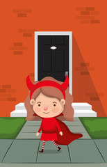 little girl with devil costume in house entrance character