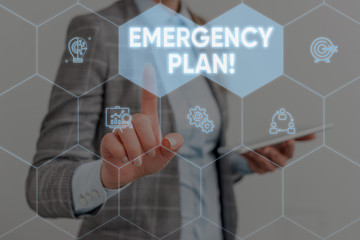 Conceptual hand writing showing Emergency Plan. Concept meaning actions developed to mitigate damage of potential events Woman wear work suit presenting presentation smart device