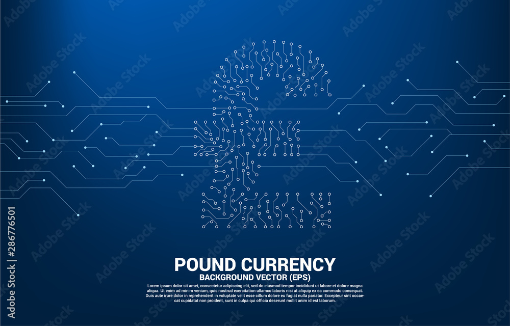 Poster vector pound sterling currency money icon from circuit board style dot connect line. concept for dig