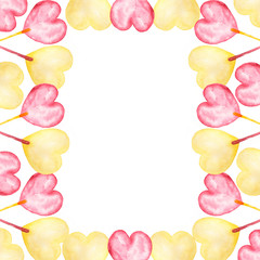 Watercolor square frame of lollipops candies in heart shapes in red and yellow colors.