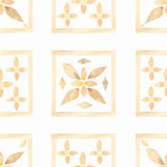 Fototapeta na wymiar Tile pattern in delicate colors.Watercolor hand drawn seamless tiles pattern. Indian patchwork. Turkish ornament. Moroccan tile mosaic. Ceramic tableware, folk print. Ethnic background. 