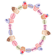 Watercolor hand drawn illustration set of a wreath of sweets,macaron, cupcake,berries,mint leaf. tasty
