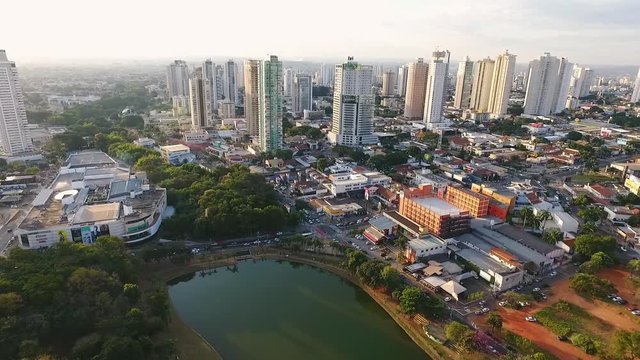Aerial view of Goiania city, Goias state, Brazil. Lakes, houses and many buildings.