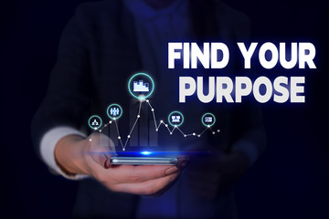 Handwriting text Find Your Purpose question. Conceptual photo reason for something is done or for which exists Woman wear formal work suit presenting presentation using smart device