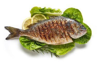 grilled fish on green salad leaves - obrazy, fototapety, plakaty