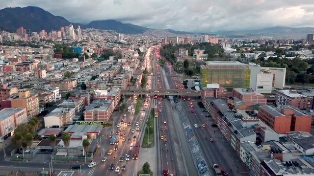 Aerial view of Bogota, Colombia. Drone footage of roads and buildings in this big city in South America 