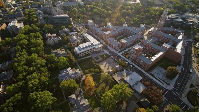 New Haven Connecticut Aerial v11 Panning birdseye detail of contemporary designed residential colleges - October 2017