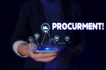 Handwriting text Procurment. Conceptual photo action of acquiring military equipment and supplies Woman wear formal work suit presenting presentation using smart device