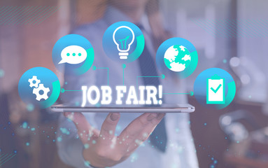 Word writing text Job Fair. Business photo showcasing event where employers offer information about...