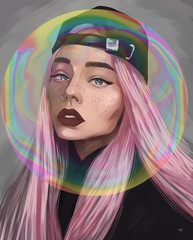 An illustration on the LGBT communities theme of a beautiful girl with pink hair and a rainbow