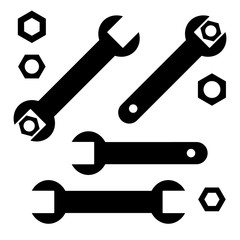 Wrench tighten the nut, wrenches and nuts set, black isolated on white background, vector illustration.