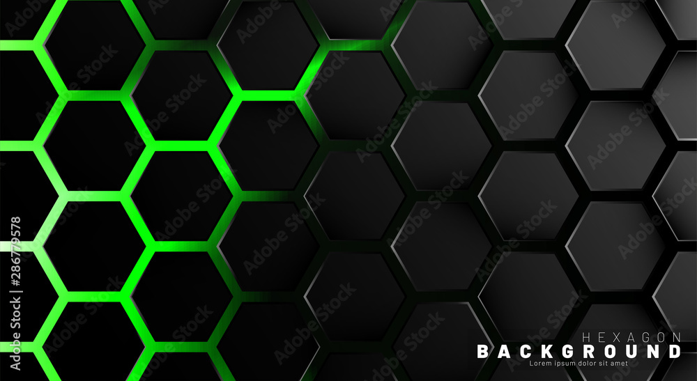 Canvas Prints abstract black hexagon pattern on green neon background technology style. honeycomb. vector illustra