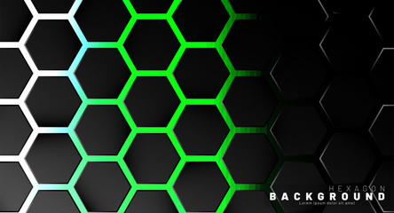 Abstract black hexagon pattern on green neon background technology style. Honeycomb. Vector illustration