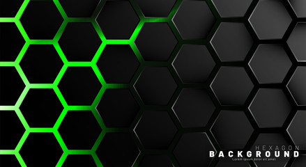 Abstract black hexagon pattern on green neon background technology style. Honeycomb. Vector illustration