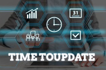 Handwriting text Time To Update. Conceptual photo act updating something someone or updated version program Woman wear formal work suit presenting presentation using smart device
