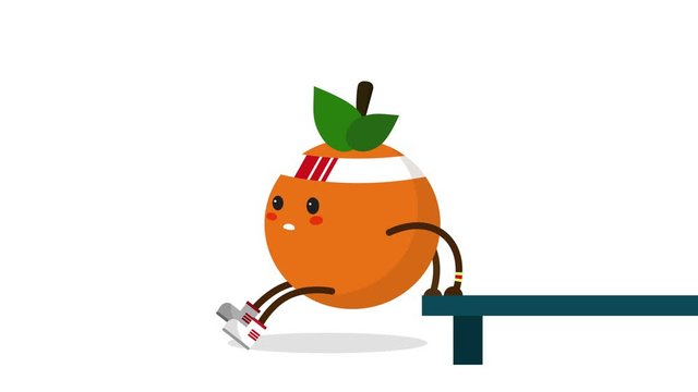 Cute orange fruit doing reverse push up. Funny orange cartoon character workingout. Adorable kawaii Orange fruit animation loop with Alpha channel. exercising healthy fitness lifestyle. Healthy food