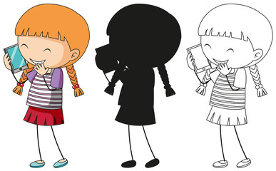 A set of characters in color, silhouette and outline