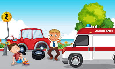 Accident scene with injured boy and ambulance © GraphicsRF