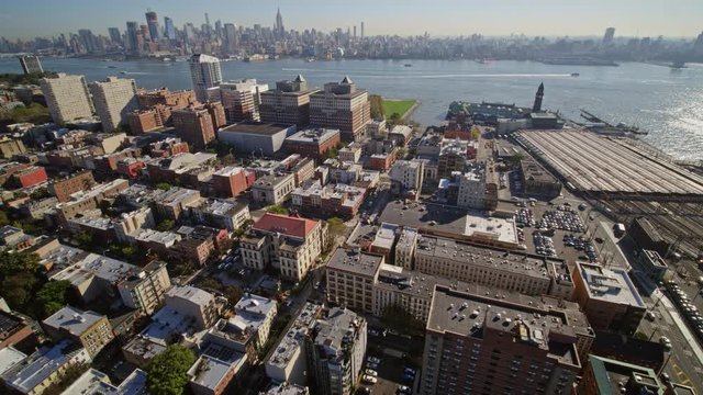Jersey City New Jersey Aerial v5 Panning birdseye of Hoboken, Manhattan and Newport - October 2017