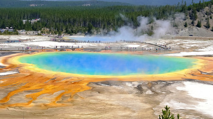 high angle close view of the grand prismatic spring in yellowstone
