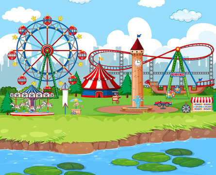 Scene background design with rides at the carnival