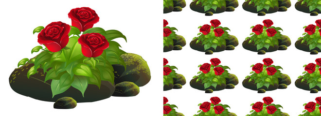 Obraz premium Bezszwowe tło z czerwoną różą na kamieniach mchu