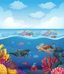 Obraz na płótnie Canvas Scene with sea animals and trash in the ocean