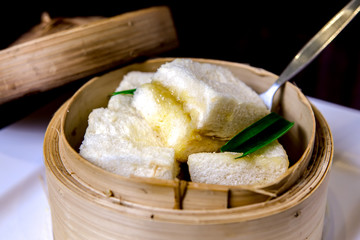 Chinese style streamed bread with creamy cheese butter stuff. Closed up texture and detail.