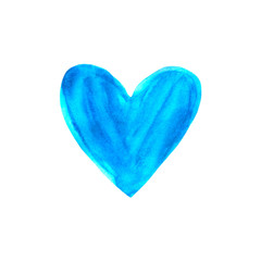 Big blue watercolor heart isolated on white background. Valentines day hand drawn background with space for text. Heart shape watercolour template. Design element