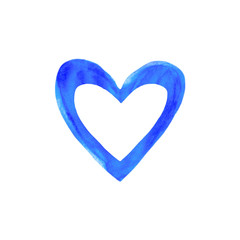 Big blue watercolor heart isolated on white background. Valentines day hand drawn background with space for text. Heart shape watercolour template. Design element