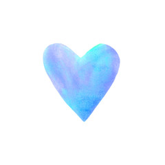 Big blue watercolor heart isolated on white background. Valentines day hand drawn background with space for text. Heart shape watercolour template. Design element