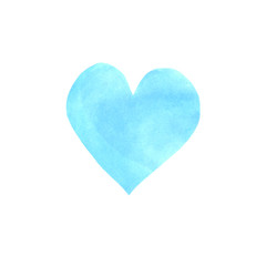 Big blue watercolor heart isolated on white background. Valentines day hand drawn background with space for text. Heart shape watercolour template. Design element