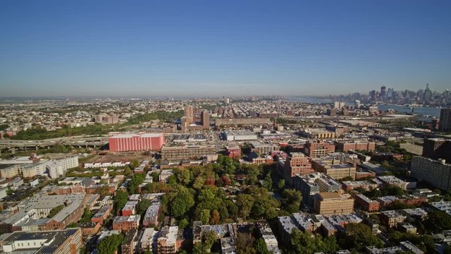 Jersey City New Jersey Aerial v9 Flying above Hamilton Park neighborhood panning around to Midtown Manhattan view - October 2017