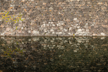 Ancient stone wall with water exactly half way with near perfect reflection