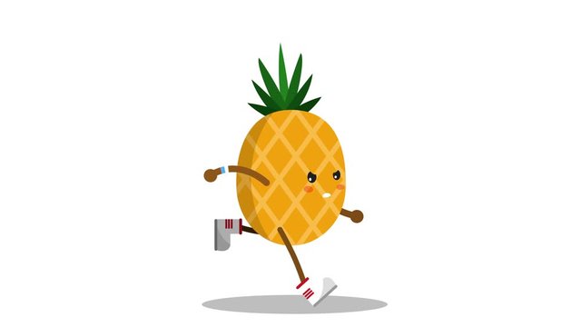 Funny pineapple cartoon character running. Pineapple animation loop with Alpha channel. exercising healthy fitness lifestyle. Healthy food concept.