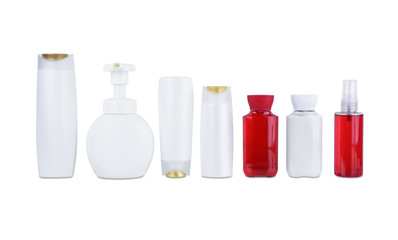 collection of various beauty cosmetic hygiene containers plastic bottle with body moisturising isolated on white background