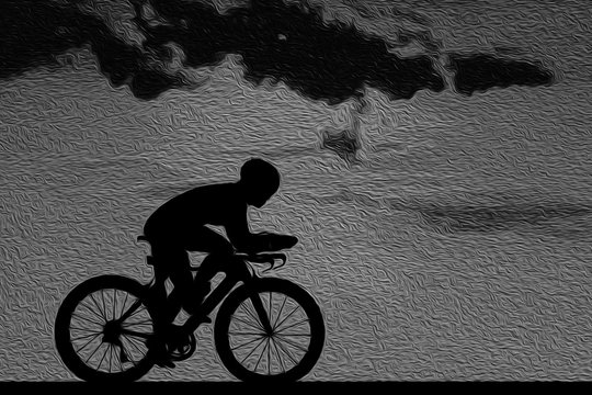 Silhouette  Cycling  on blurry sunrise  sky   background. oil painting 