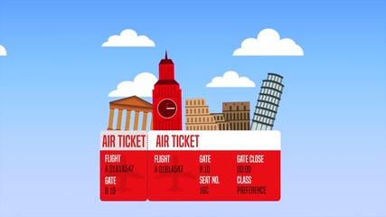 ticket with set of country monuments animation