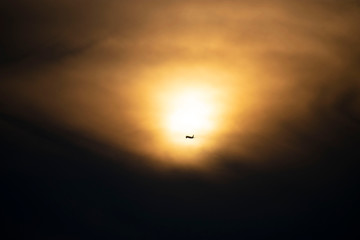 Fototapeta na wymiar 夕日に飛ぶ飛行機