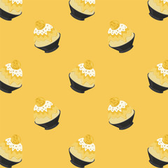 Mango Bingsu Cartoon Pattern on Yellow Background, Vector Illustration