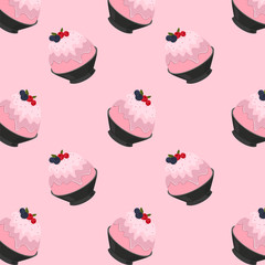 Pink Milk Kakigori or Bingsu Cartoon Pattern on Pink Background, Vector Illustration